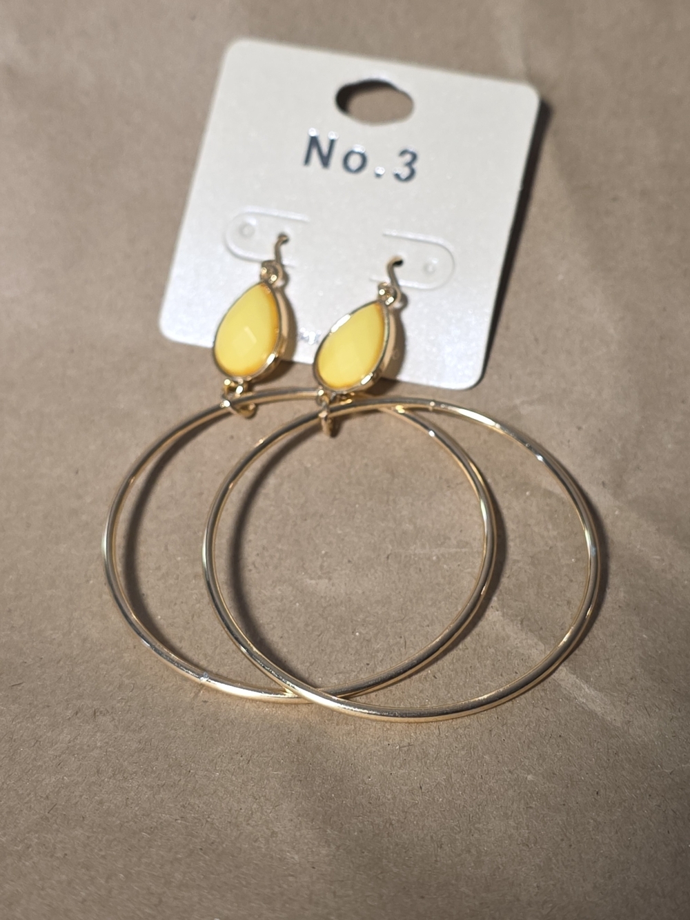No. 3 Gold Hoop Earrings with Yellow Teardrop Acrylic Faceted Accent